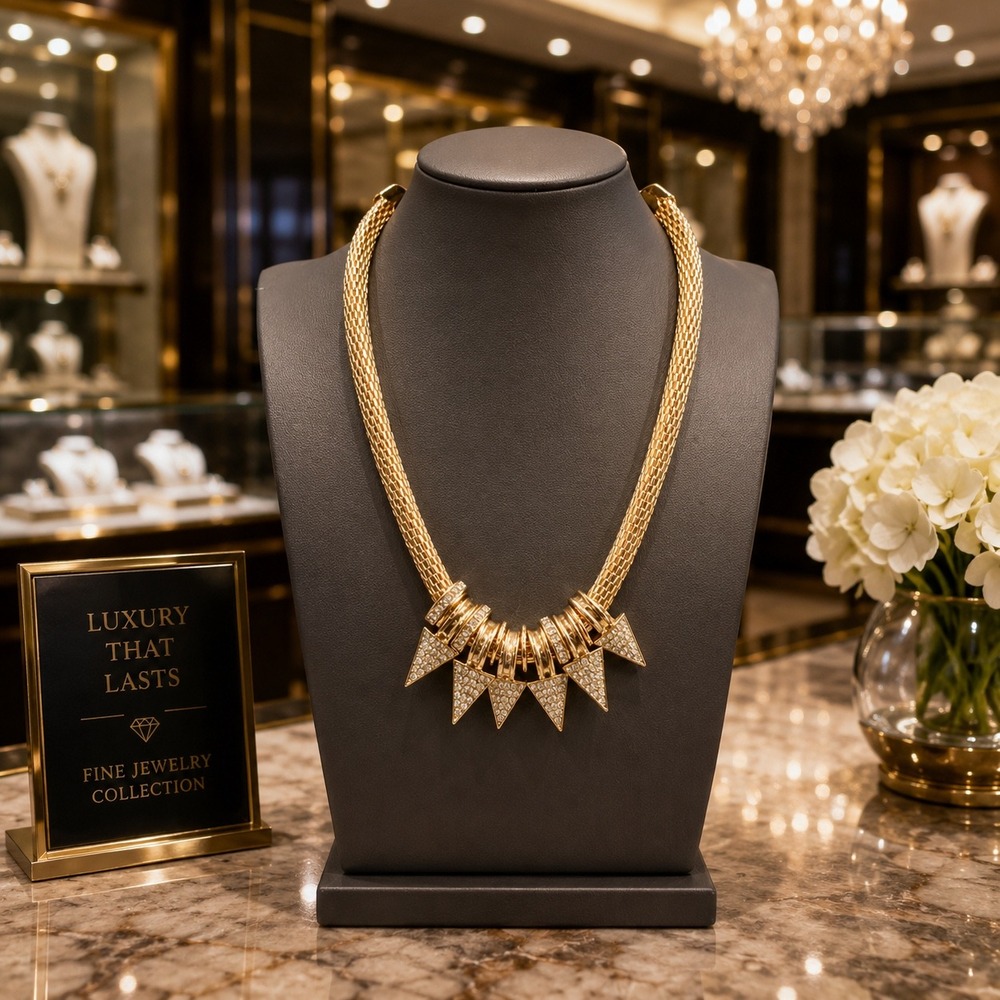 GUESS Rose Gold Tone Rhinestone Spike Statement Necklace Glam Punk‎ Collar 19"